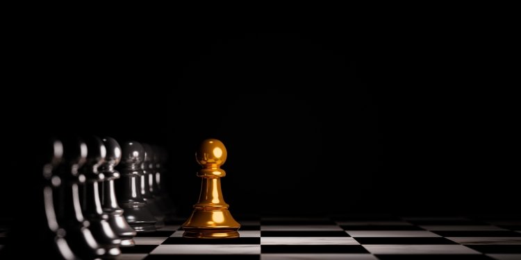 Golden pawn chess move out from line for different thinking and