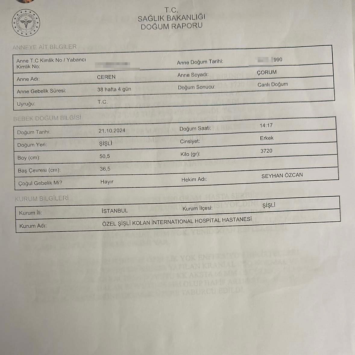 Ceren Çorum'un Doğum Süreci ve Sonrası