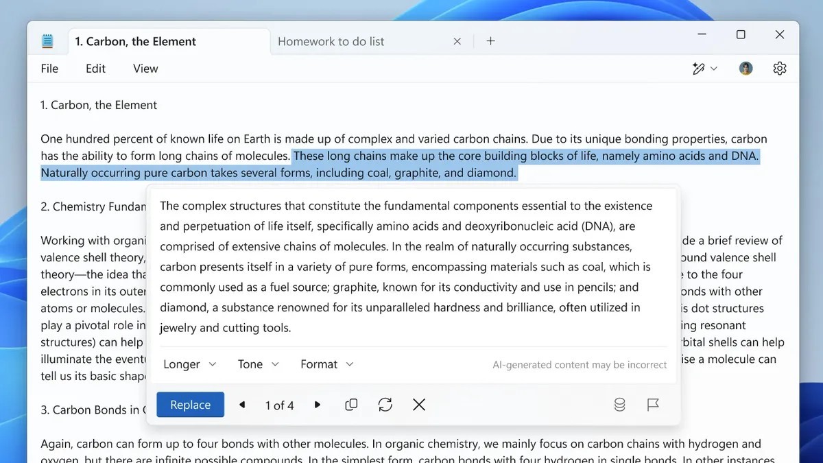 Windows 11’in Not Defteri Uygulamasında Yenilik: Yapay Zeka Destekli Yeniden Yazma Özelliği!