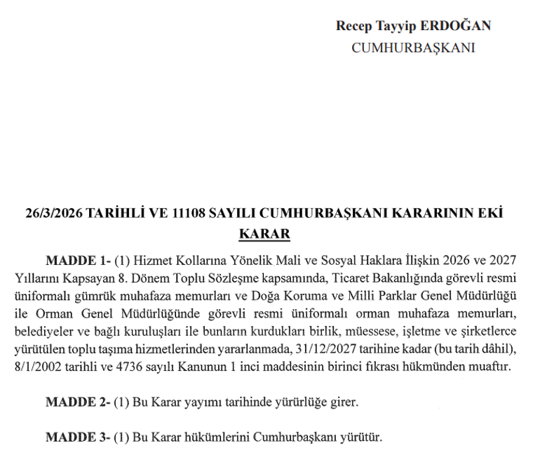 Resmi Gazetede Yayınlanan Ücretsiz Toplu Taşıma Hakkı İki Meslek Grubuna Verildi