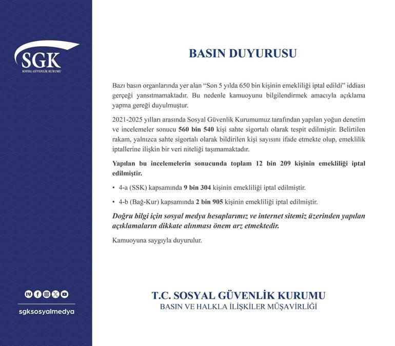 SGK’dan 650 Bin Kişinin Emekliliği İptal Edildi İddialarına İlişkin Genişletilmiş Açıklama